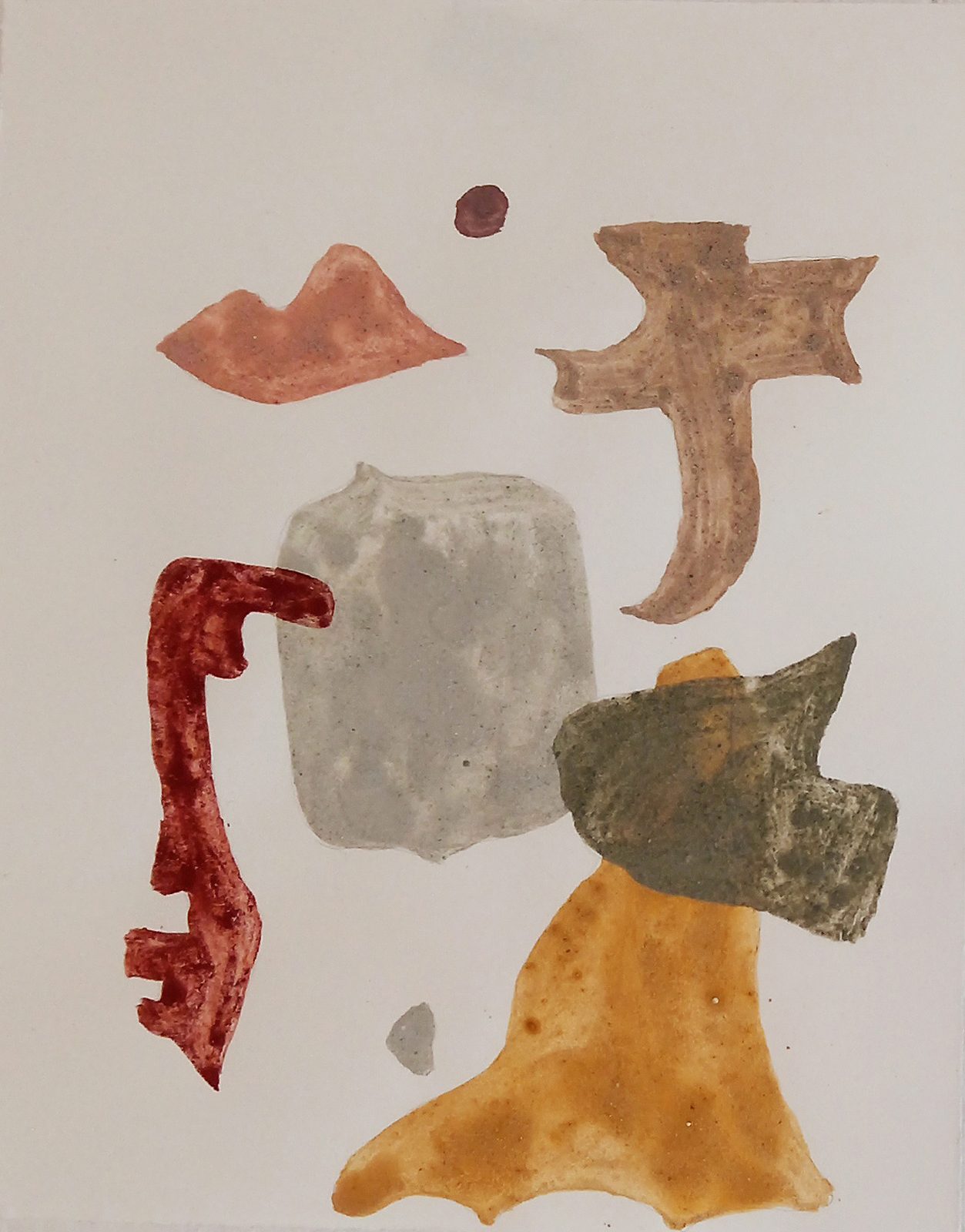 Drawing by Jeffrey Benjamin: loose shapes in red, grey, green and yellow ochre scattered across the sheet
