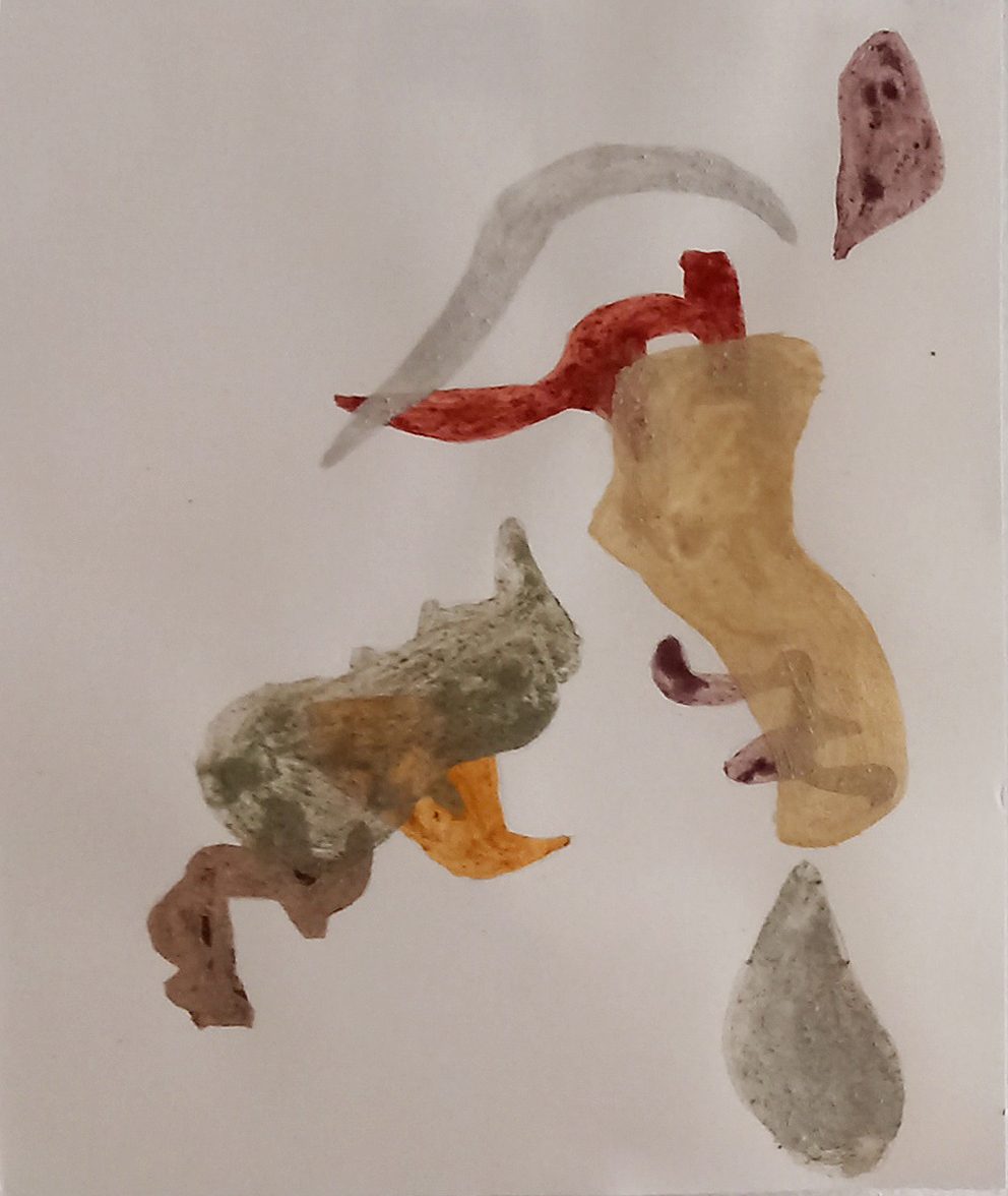 Drawing by Jeffrey Benjamin: small fragment-like forms in earth pigments of red, ochre and grey
