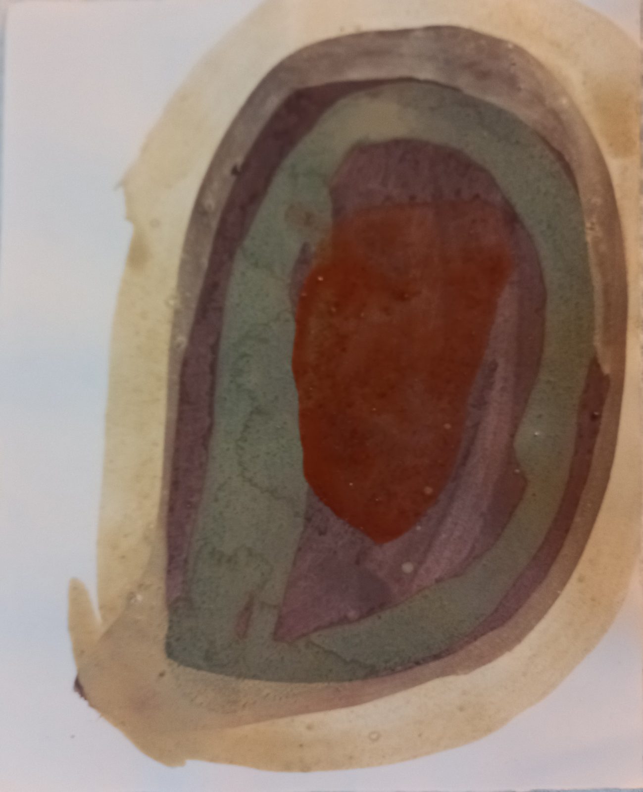Drawing by Jeffrey Benjamin: concentric rings of red ochre, purple and green earth pigment inside a pale ochre border