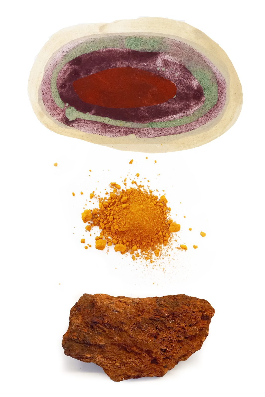 Exhibition card: a ringed earth-pigment drawing by Jeffrey Benjamin above a heap of yellow ochre powder and a lump of red iron ore