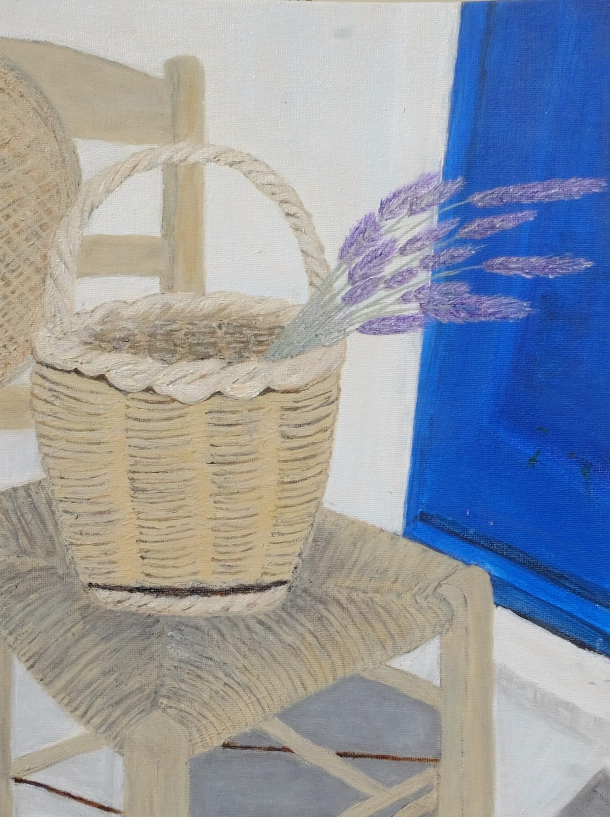 Painting by Kiki Zachariou: a woven basket with lavender on a rush chair beside a blue door