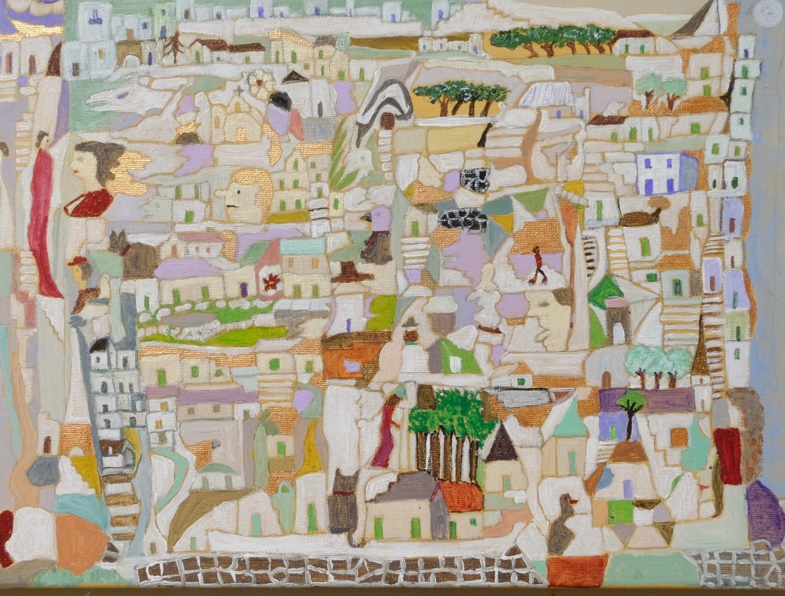 Painting by Kiki Zachariou: the houses and steps of Chora packed edge to edge, with faces, figures and a cat hidden among them