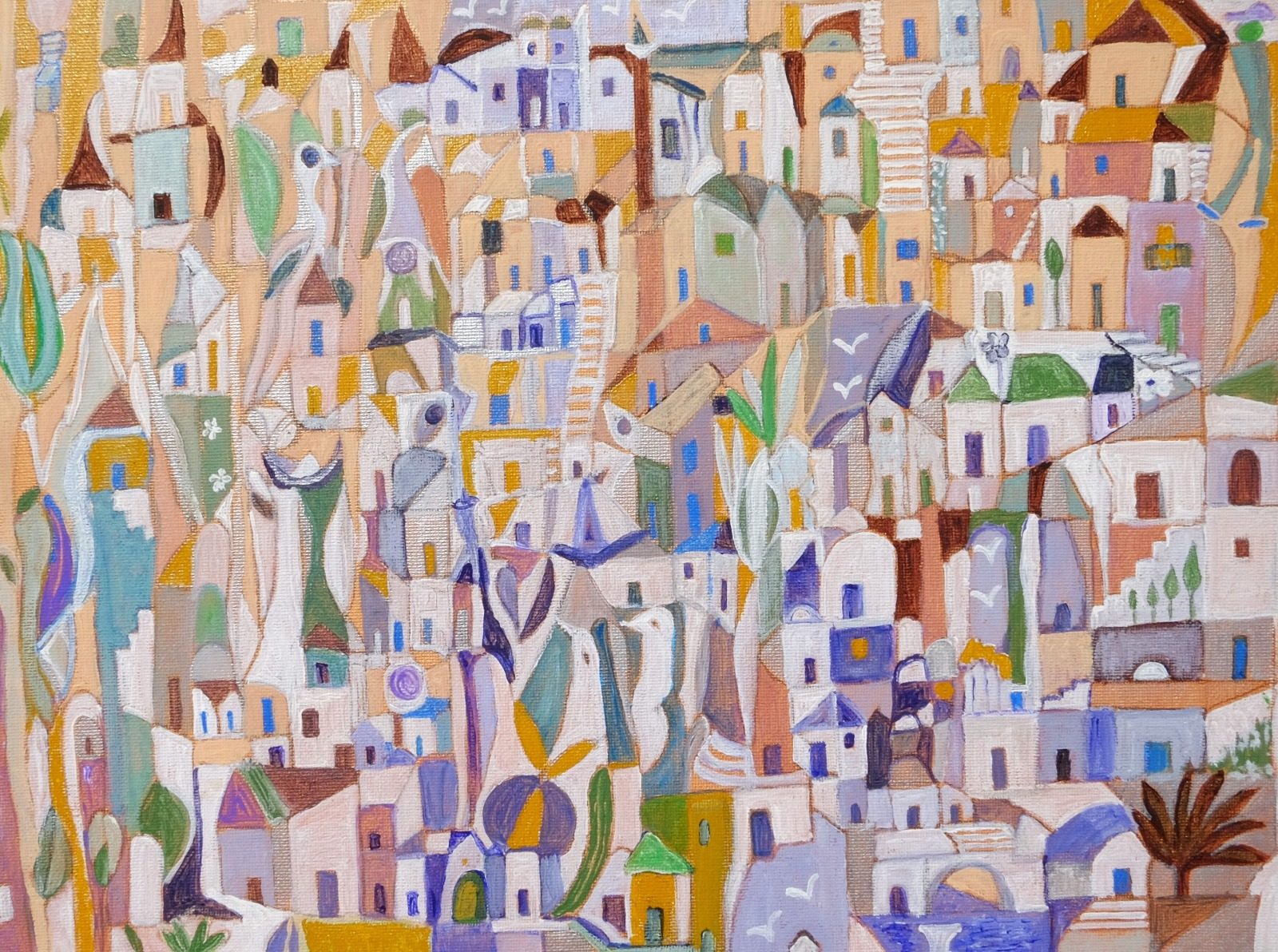 Painting by Kiki Zachariou: white and lilac houses of Chora climbing the hill, with stairways and birds