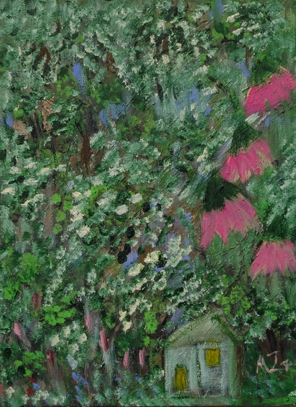 Painting by Kiki Zachariou: a small white house half hidden in a dense, flowering garden
