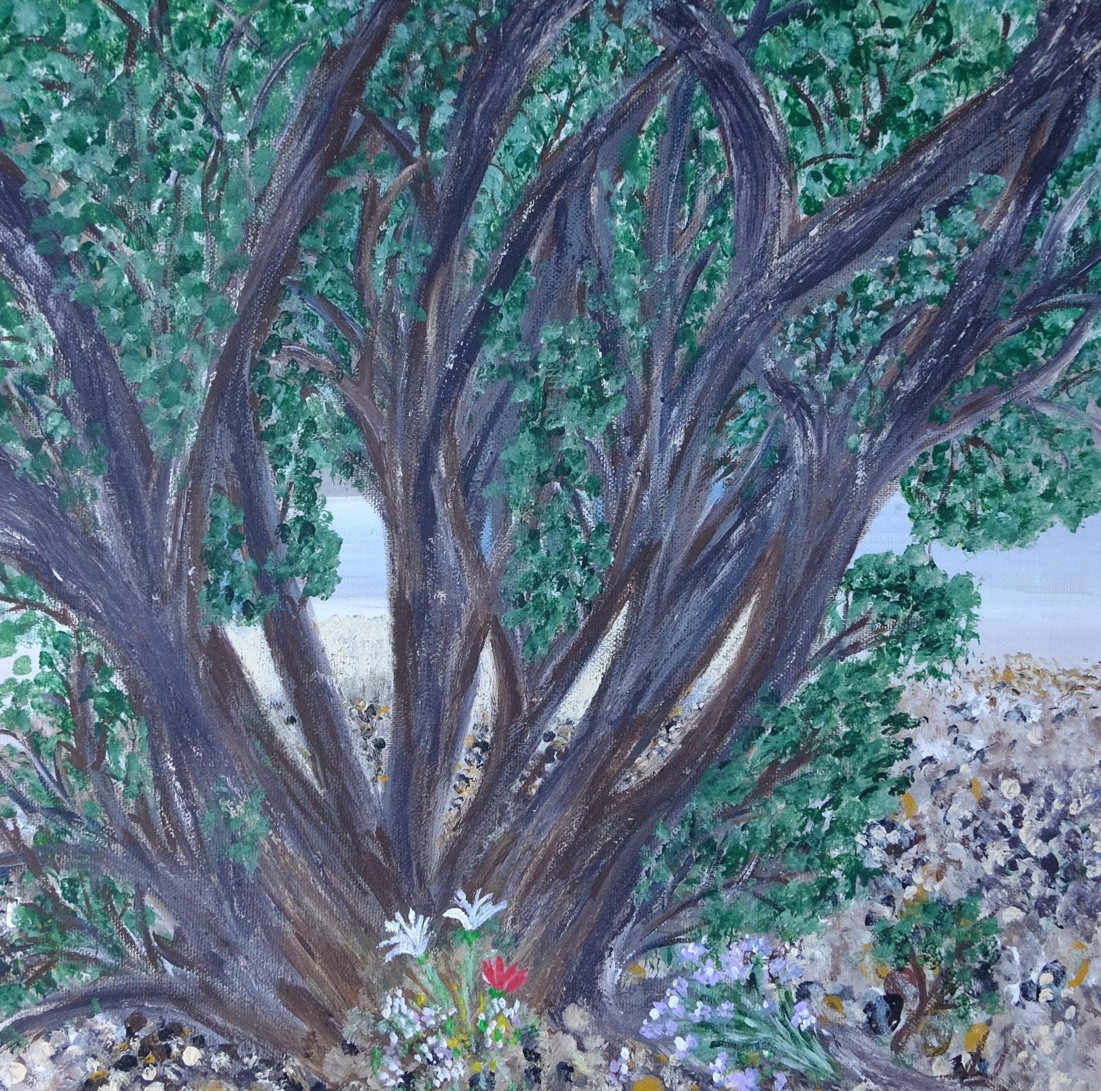 Painting by Kiki Zachariou: the twisting trunks of an old tree, with wildflowers at its roots